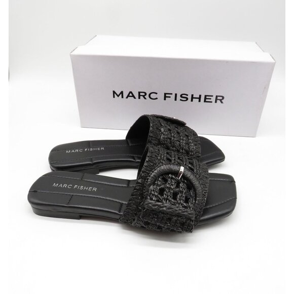 Marc Fisher Shoes - Marc Fisher Womens Black Loree Raffia Buckle Slide Sandals 5.5 NEW
